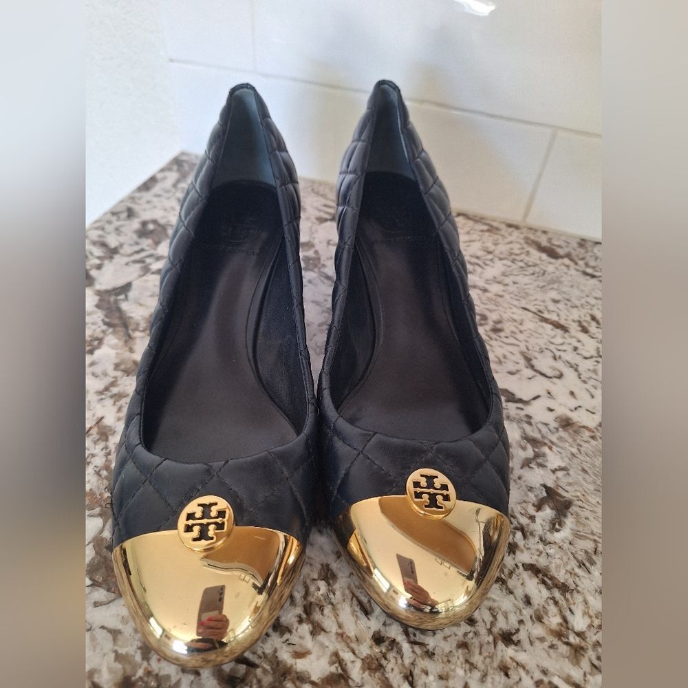 Tory Burch Black Quilted Ballet Flats with Gold Cap Toe